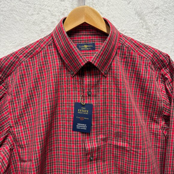 Club Room Button Up Shirt Men 17 Red Plaid Cotton Wrinkle Resistance Regular Fit - Picture 2 of 13